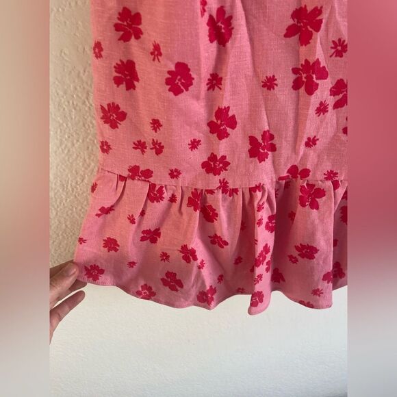 NWT Zara Floral Ruffle Linen V-Neck Mini Dress Pink/ Red Sz S - Picture 10 of 14